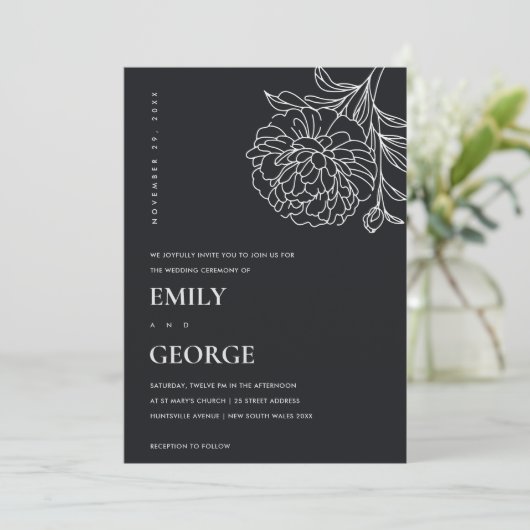 Zwart-wit goudsbloem bloemenschets bruiloft kaart (Staand voorkant)