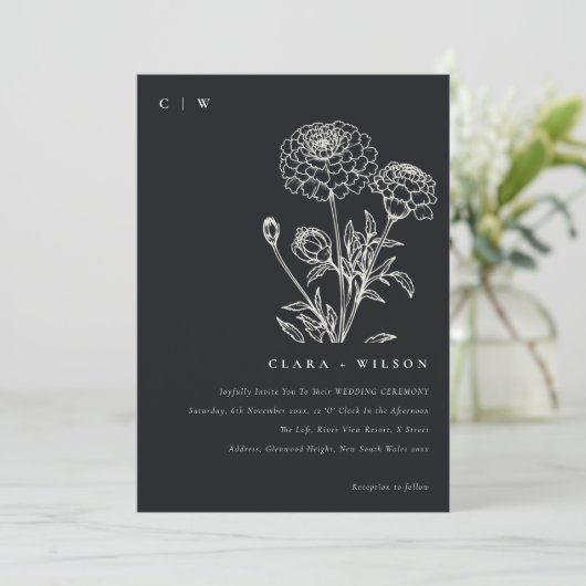 Zwart-wit goudsbloem bloemenschets bruiloft kaart (Staand voorkant)