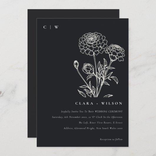 Zwart-wit goudsbloem bloemenschets bruiloft kaart (Voorkant / Achterkant)