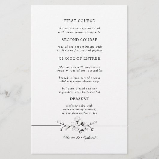Zwart-wit. Graceful Botanical bruiloft menu (Voorkant)