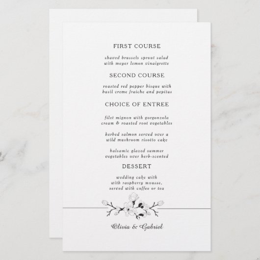 Zwart-wit. Graceful Botanical bruiloft menu (Voorkant / Achterkant)