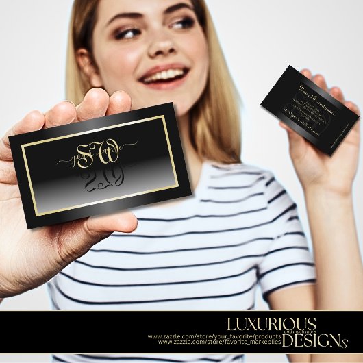 Zwart Wit Gradient Champagne Lijst en Initialen Visitekaartje