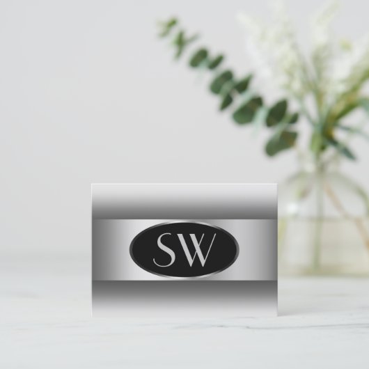 Zwart Wit Gradiënt Monogram Zilver Ovaal Lijst Visitekaartje (Staand voorkant)