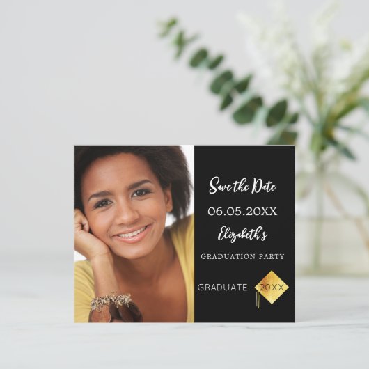 Zwart wit Graduation Party Save the Date kaart (Staand voorkant)