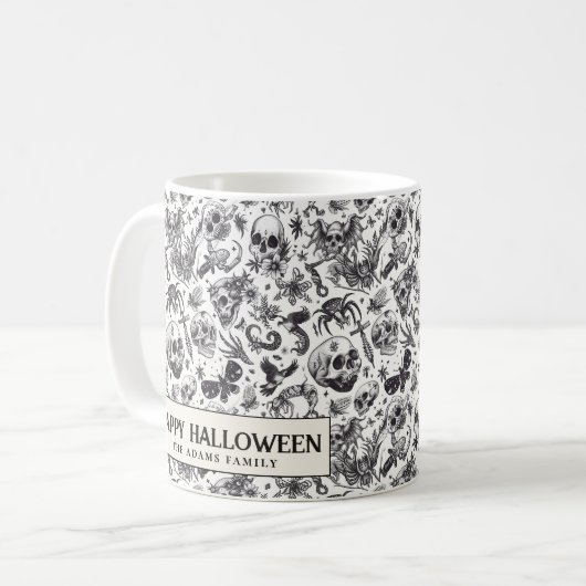 Zwart-wit graffiti stijl schedels Halloween Koffiemok (Voorkant links)