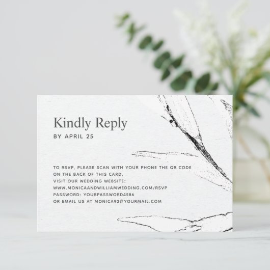 Zwart-wit grafisch blad QR-code online bruiloft RSVP Kaartje (Staand voorkant)