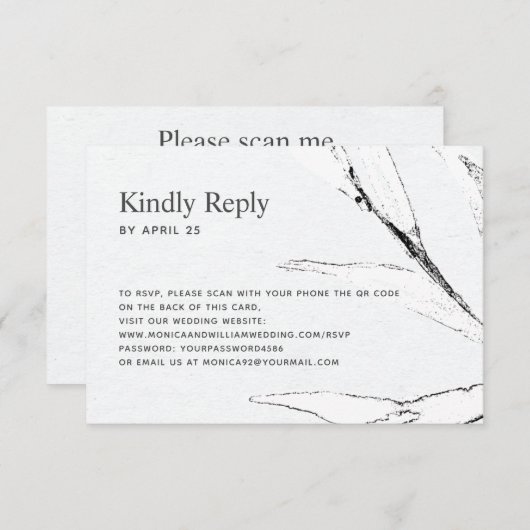 Zwart-wit grafisch blad QR-code online bruiloft RSVP Kaartje (Voorkant / Achterkant)