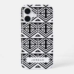 Zwart-wit grafisch stampatroon iPhone 16 hoesje
