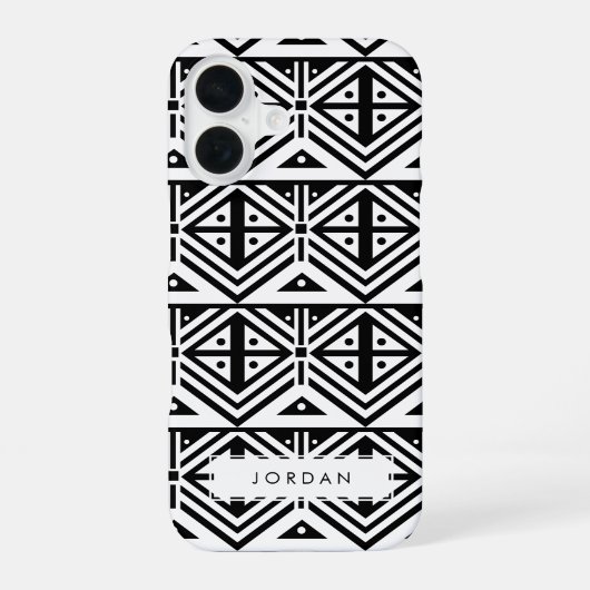 Zwart-wit grafisch stampatroon iPhone 16 hoesje (Achterkant)