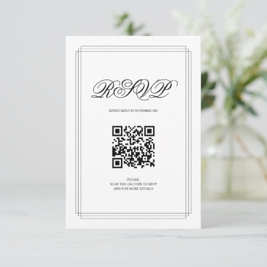 Zwart-wit grens QR code Oude Geld bruiloft RSVP Kaartje (Staand voorkant)