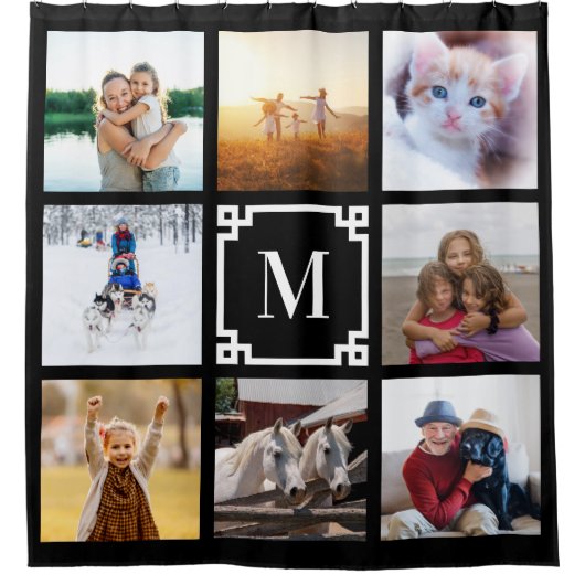 Zwart-wit Grieks Key Monogram 8 Fotocollage Douchegordijn (Voorkant)