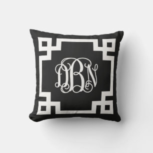 Zwart-wit Grieks Key Script Monogram DBN Buitenkussen
