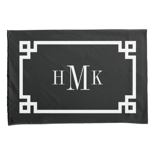 Zwart-wit Griekse Key Monogram Standaard Kussensloop (Voorkant-Rechts)