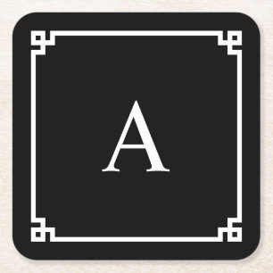 Zwart-Wit Griekse Sleutel Monogram Kartonnen Onderzetters