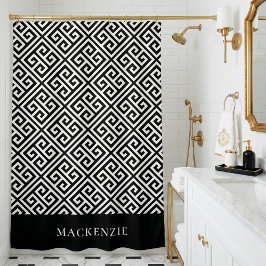 Zwart-wit Griekse Sleutel Naam Monogram Douchegordijn
