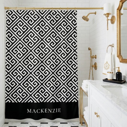 Zwart-wit Griekse Sleutel Naam Monogram Douchegordijn