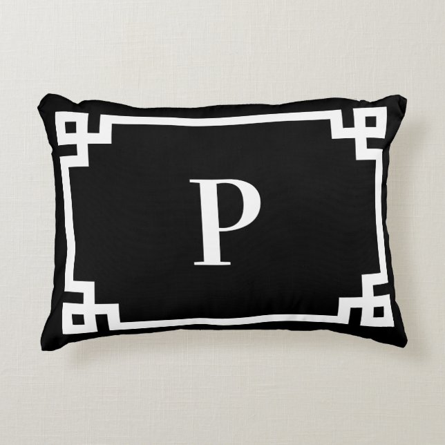 Zwart-wit Griekse Sleutelrand Monogram Accent Kussen (Voorkant)