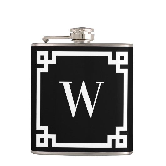 Zwart-wit Griekse Sleutelrand Monogram Heupfles (Voorkant)
