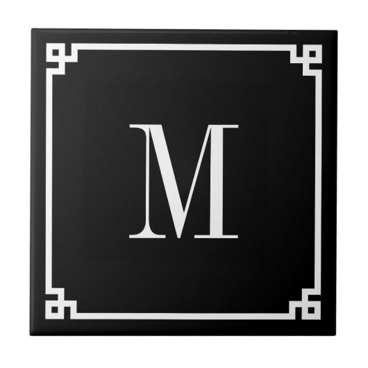 Zwart-wit Griekse Sleutelrand Monogram Tegeltje (Voorkant)