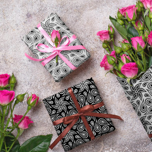 Zwart Wit & Grijs Abstract Bloem Paisley Patroon Inpakpapier Vel