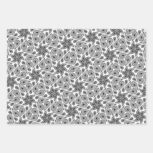 Zwart Wit & Grijs Abstract Bloem Paisley Patroon Inpakpapier Vel (Voorkant)