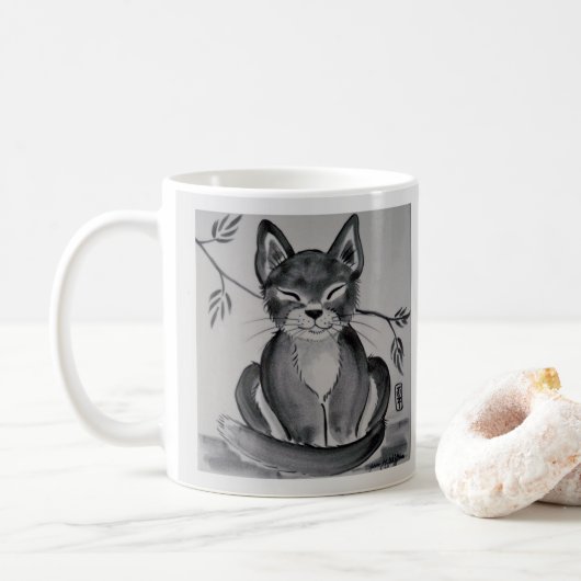 Zwart & Wit Grijs Alley Cat Oriental Design Schatt Koffiemok (Met donut)
