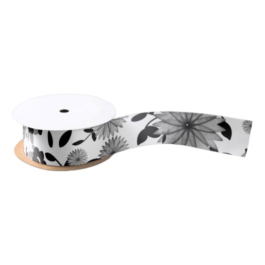 Zwart Wit Grijs Bloemen Design Satijn Lint (Spoel)