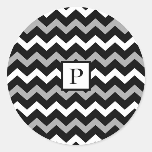 Zwart Wit & Grijs Chevron Print Patroon Ronde Sticker (Voorkant)