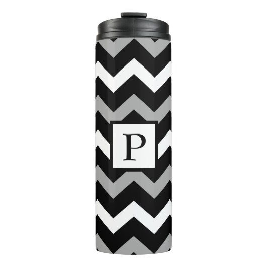 Zwart Wit & Grijs Chevron Print Patroon Thermosbeker (Voorkant)