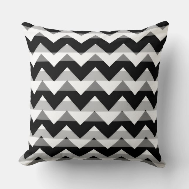 Zwart Wit Grijs Chevron Zigzag Kussen (Voorkant)