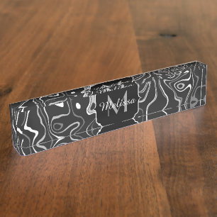 Zwart wit grijs damascus abstracte krullen Monogra Naambordje