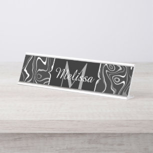 Zwart wit grijs damascus abstracte wervelingen Mon Bureau Naambordje