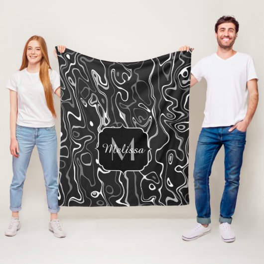 Zwart wit grijs damascus abstracte wervelingen Mon Fleece Deken (In situ)