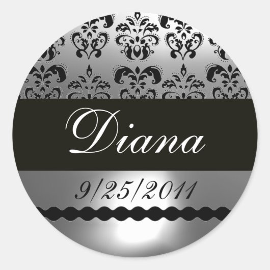 ZWART WIT GRIJS DAMASK RONDE STICKER (Voorkant)