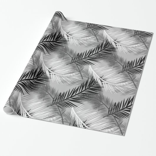 Zwart-wit Grijs/de Grijze Druk van het palmblad, Cadeaupapier (Uitgerold)
