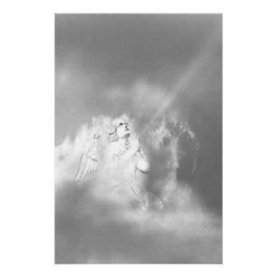 Zwart Wit Grijs Engel in Wolken Biddend Perfect Poster