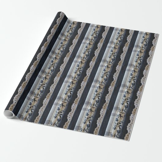 Zwart Wit & Grijs Faux Stof Panelen Cadeaupapier (Uitgerold)