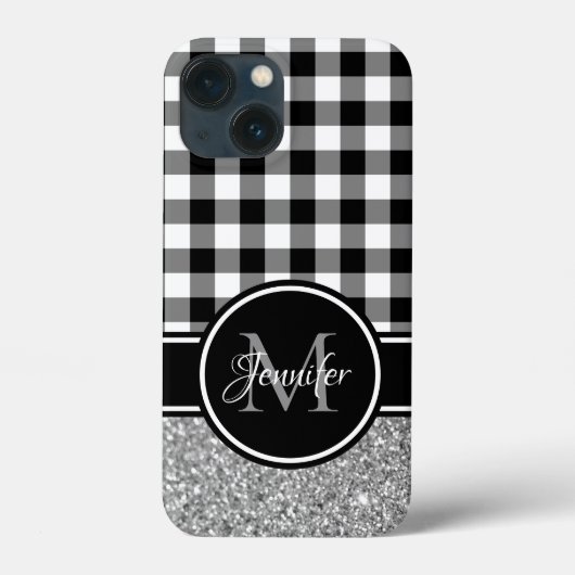 Zwart Wit Grijs Glitter Buffalo Plaid Monogram Case-Mate iPhone Case (Achterkant)