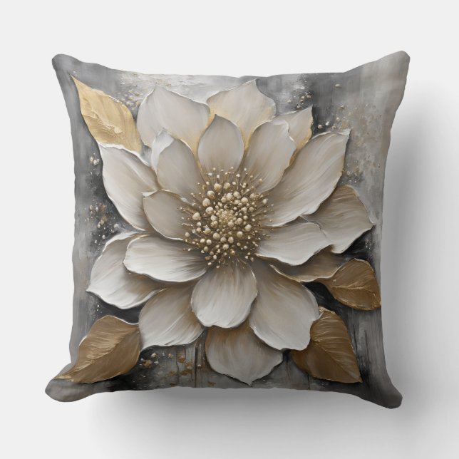 Zwart Wit Grijs Goud Bloem Print Kussen (Voorkant)