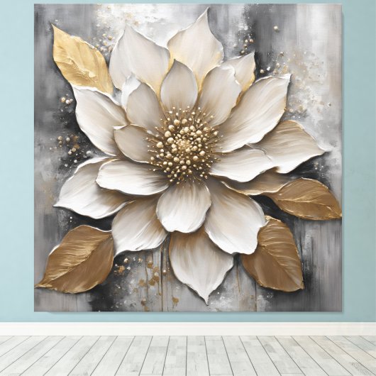 Zwart Wit Grijs Gouden Bloem Print (Insitu (Houten vloer))