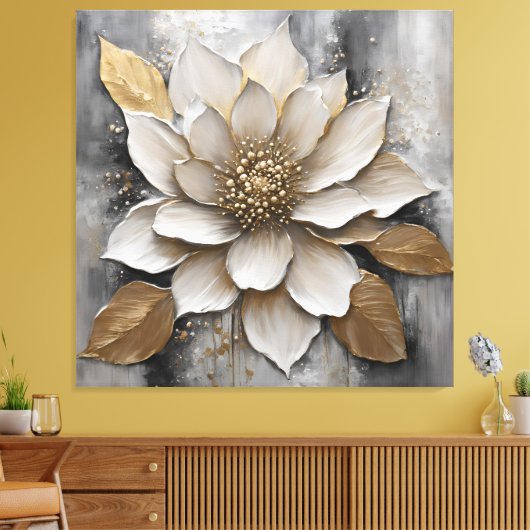 Zwart Wit Grijs Gouden Bloem Print (Insitu (Woonkamer))