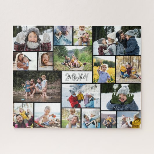 Zwart Wit Grijs Jaar Familienaam 18 Fotocollage Legpuzzel (Horizontaal)