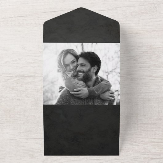 Zwart wit grijs Matig Minimaal Floral Weddenschap All In One Uitnodiging (Buitenkant)