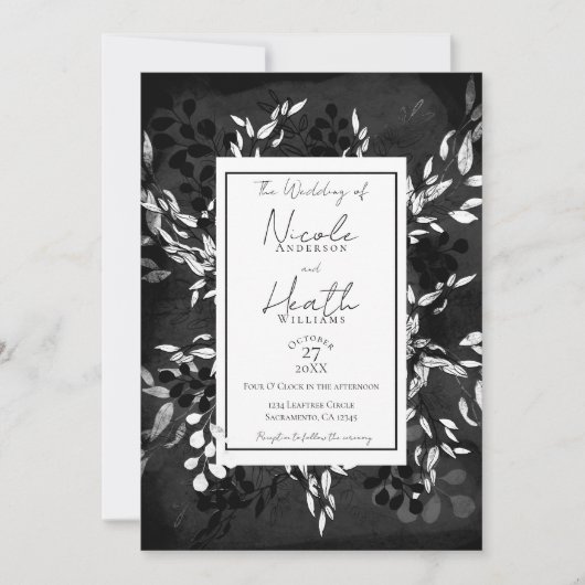 Zwart wit grijs Matig Minimaal Floral Weddenschap Kaart (Voorkant)