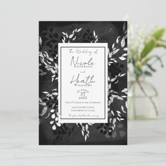 Zwart wit grijs Matig Minimaal Floral Weddenschap Kaart (Staand voorkant)