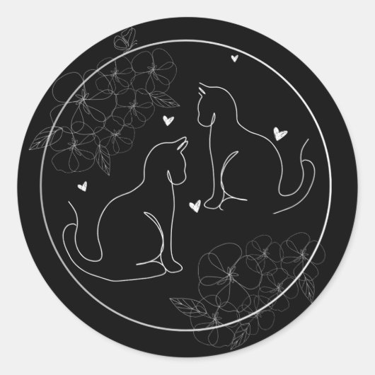 Zwart Wit Grijs Minimal Drawn Floral Cat Sticker (Voorkant)