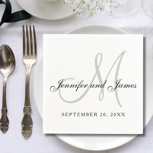 Zwart Wit Grijs Monogram Elegant Script Bruiloft Servet