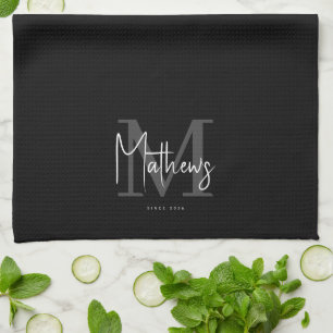 Zwart Wit Grijs Monogram Familienaam Theedoek