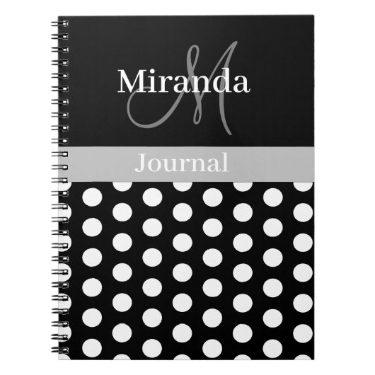 Zwart Wit Grijs Monogram Script Polka Dot Notitieboek (Voorkant)