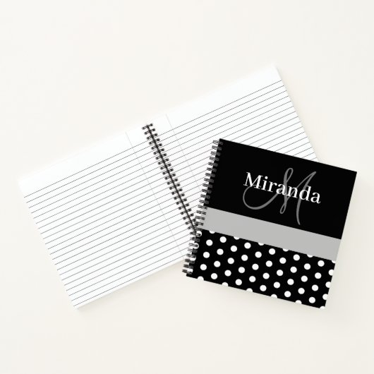 Zwart Wit Grijs Monogram Script Polka Dots Notitieboek (Binnen)